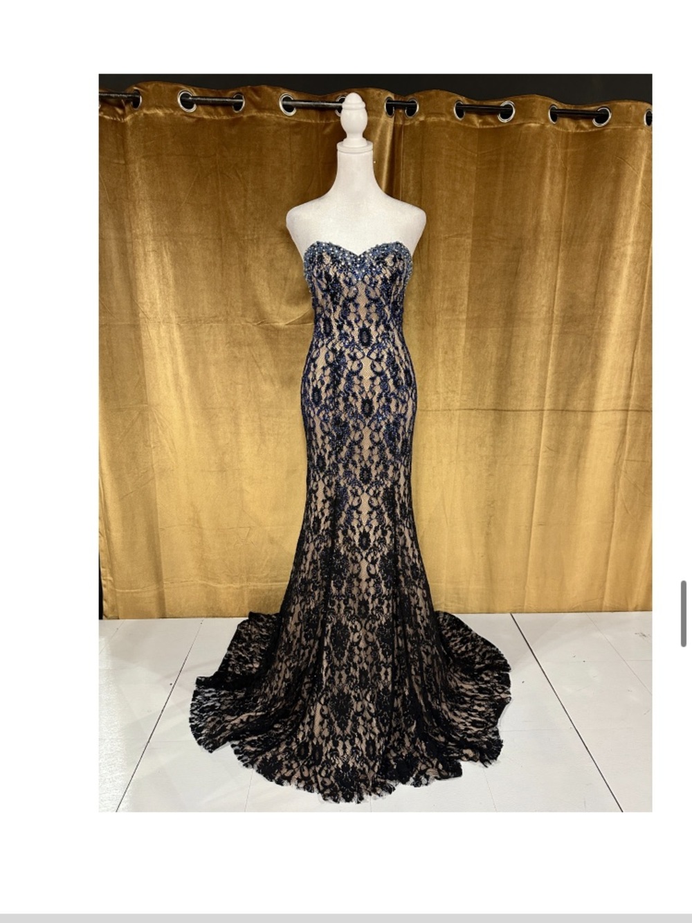 Vienna Prom Strapless Black Lace Gown with Nude Underlay
